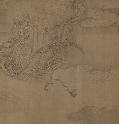 The core narrative group , multiple figures in trailing robes suggest a celestial or courtly procession, the social hierarchy legible even at distance.
