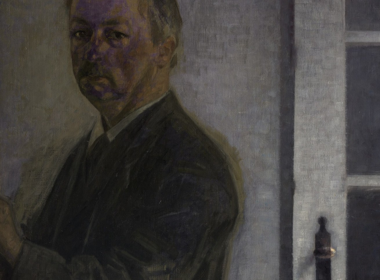 Hammershøi's signature muted blacks absorb light here; the silhouette merges with the room's shadow, making the figure feel both present and dissolving