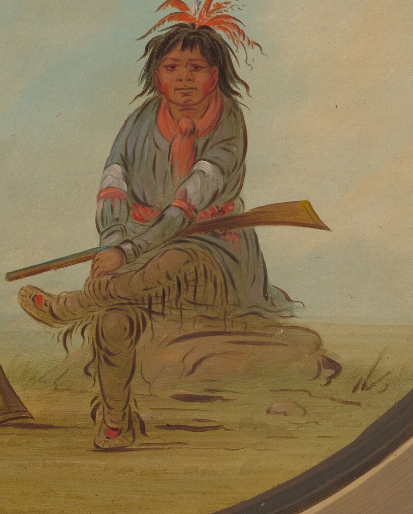 The bow and arrow indicate skill in archery and the importance of hunting for sustenance.