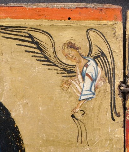 Angels, feathered and solemn, smaller than Mary's hand.