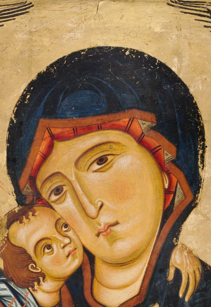 The defining emotional anchor of the panel , her gaze turns slightly toward the Child with grave, Byzantine stillness; the elongated features and flat modeling typify Italo-Byzantine style.