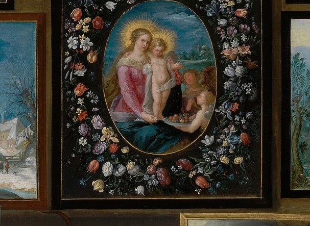 This central religious image, framed by flowers, suggests the collector's piety or interest in sacred art.