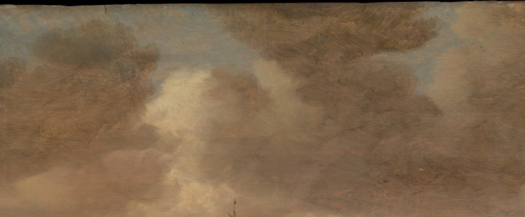 Van Goyen gives nearly 60% of the canvas to sky; the cloud architecture is the true subject , tonal mass-building over incident, his signature device