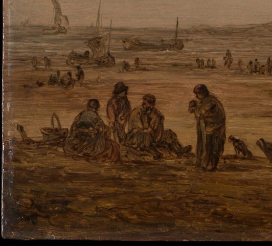 The largest human presence in the painting; their dark silhouettes anchor the lower-left and establish scale against the vast sky
