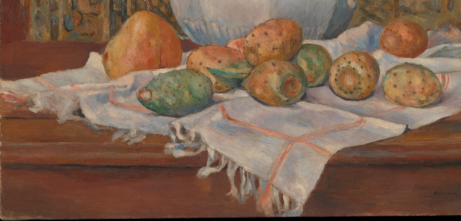 A recurring Renoir device , the striped cloth structures the lower third with a loose geometry, and his loose, directional brushwork in the folds creates a sense of weight and domesticity without photographic precision.