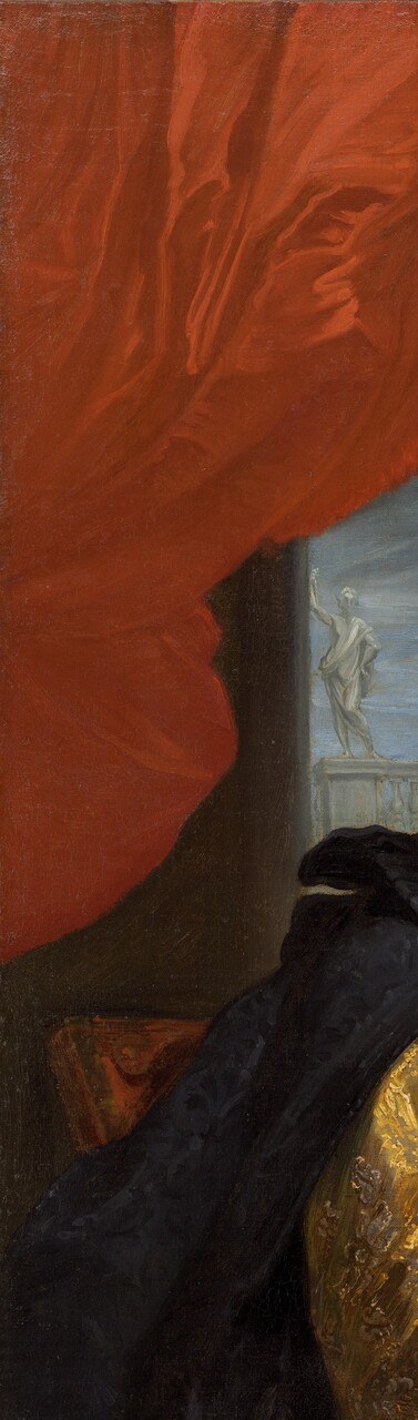 The theatrical red curtain is a Baroque framing device borrowed from Venetian portraiture , it saturates the left margin with warmth and focuses the eye inward toward the sitter.