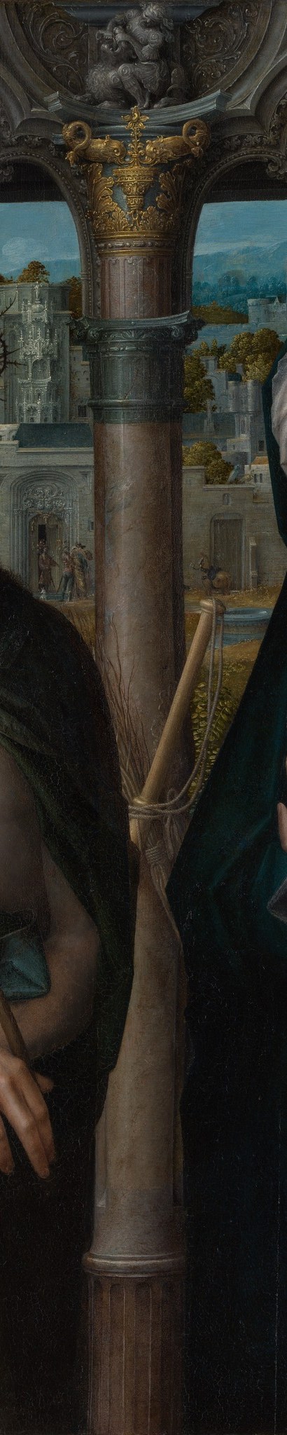 Physically separates mother and son yet the shared green palette of their garments bridges that division , architecture enforces distance that color refuses.