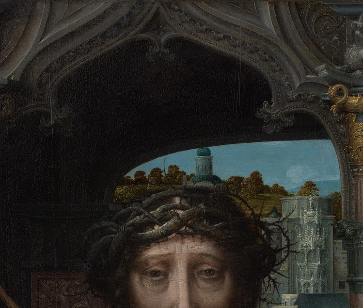 Downcast eyes and parted lips convey resigned suffering rather than agony , a quietly humanizing choice that makes this devotional image unusually intimate.