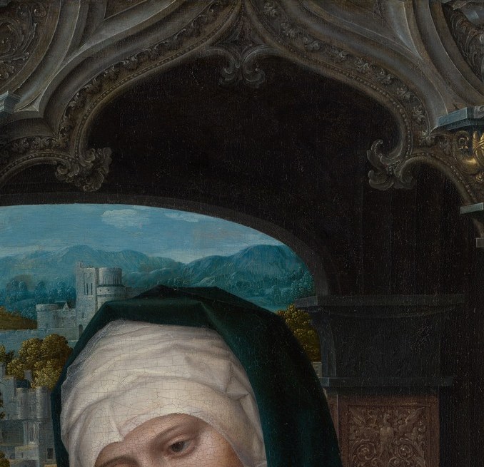 Downward gaze and tight-pressed lips embody Mater Dolorosa restraint , sorrow fully internalized, never theatrical, which makes it more devastating.