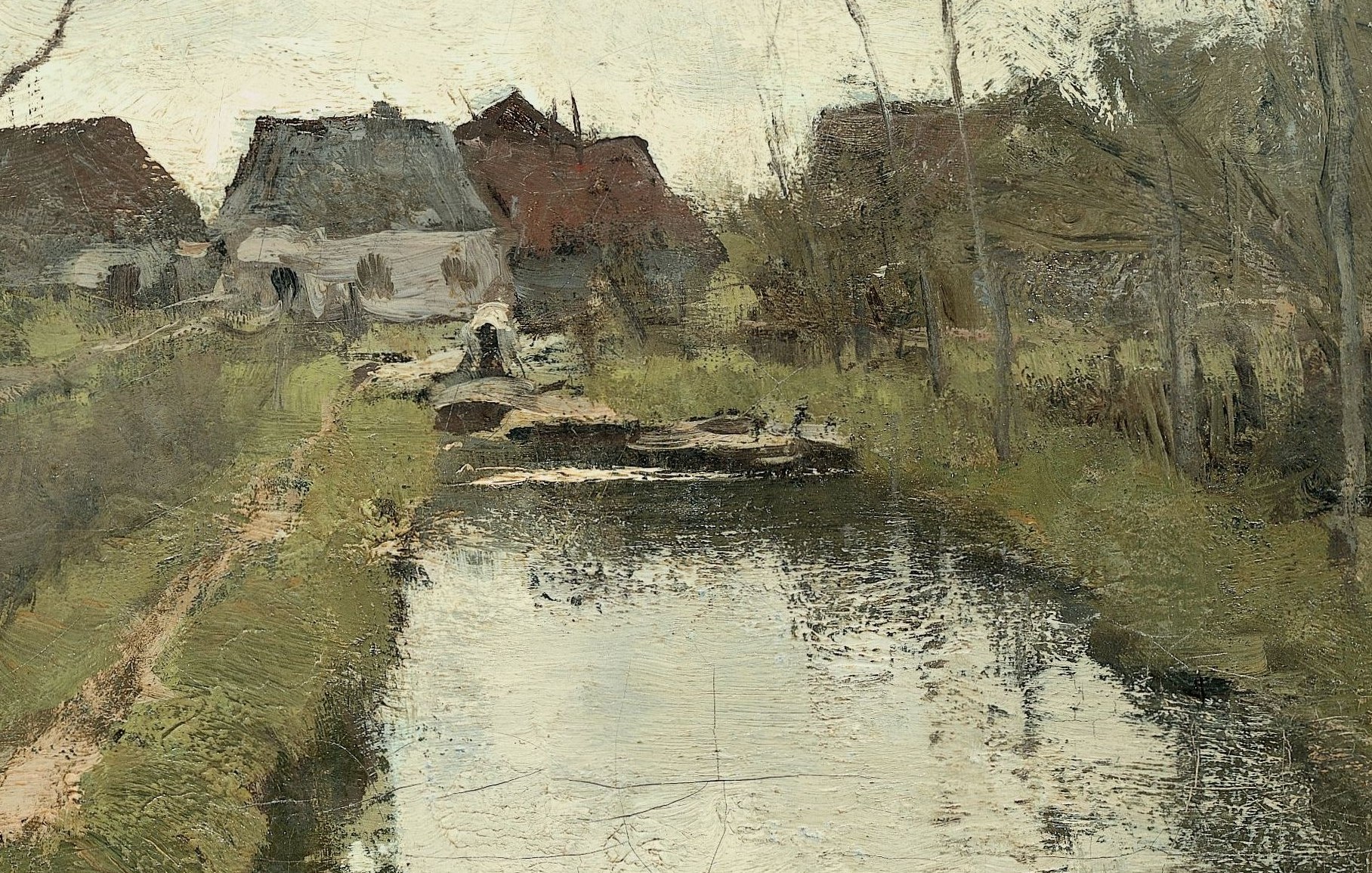 The still water surface mirrors the overcast sky and bare trees, connecting earth and sky; the compositional spine of the painting
