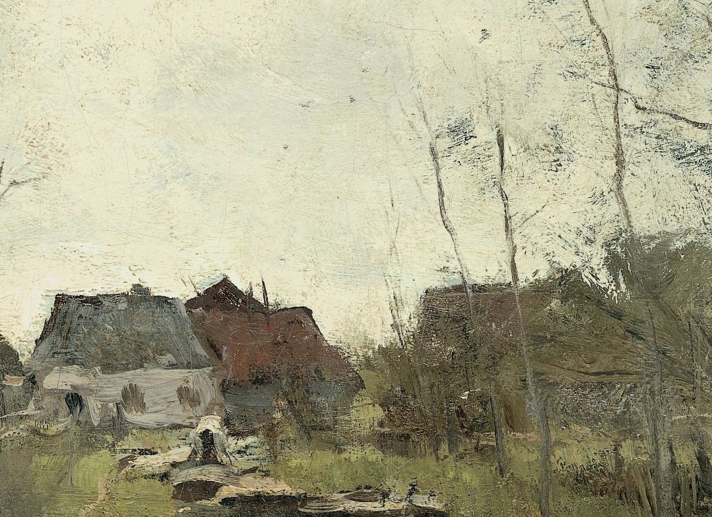 Cottages, bare trees, a still ditch.