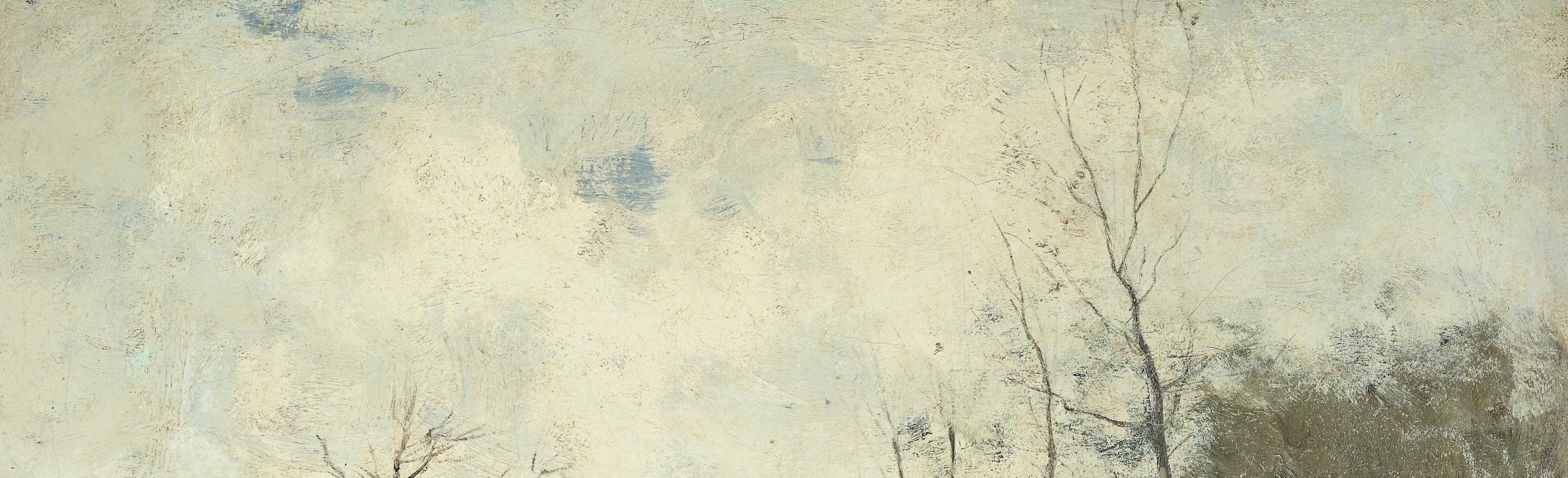 Soft grey-white clouds diffuse the light uniformly , characteristic Hague School tonalism; the sky sets the entire emotional register of quiet melancholy