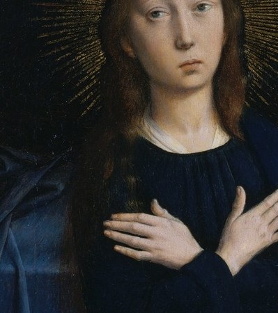 Mary kneels, accepting her divine destiny.