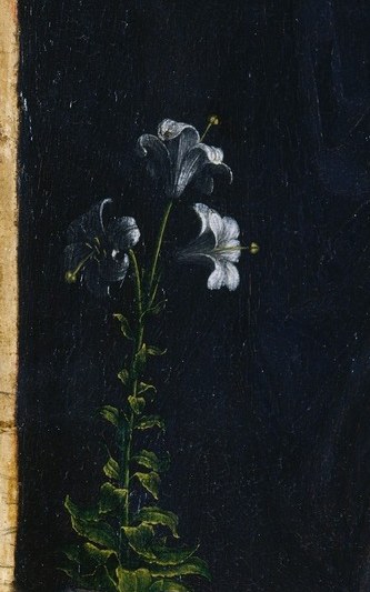Lilies symbolize her purity, an open book, prophecy.