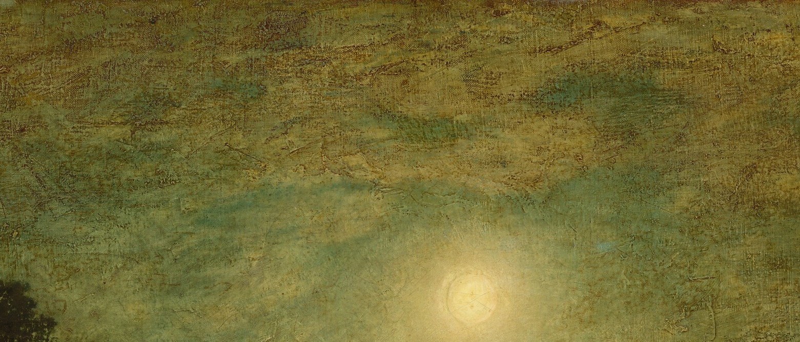 Blakelock built up glazed layers to achieve this atmospheric glow , a technical signature of his nocturnes that blurs the boundary between sky and cloud