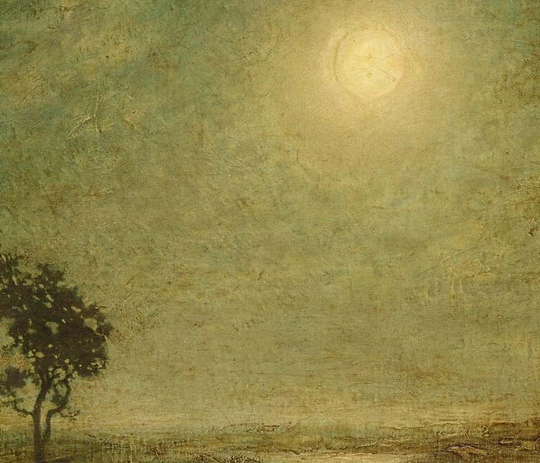 A vertical column of broken light on the water's surface that pulls the eye down from sky to foreground, creating the painting's main vertical axis