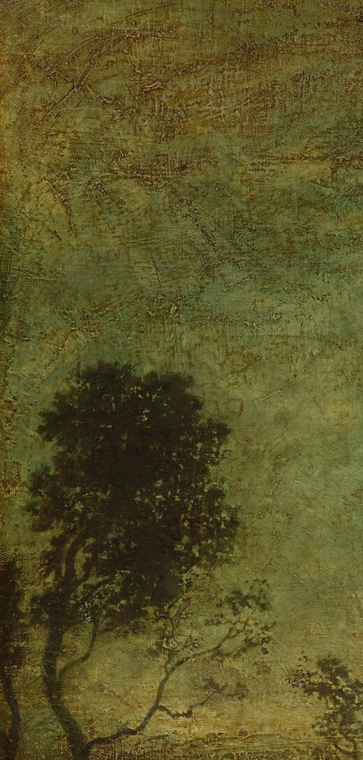 The darkest mass in the painting, its organic branching form contrasts sharply with the luminous sky and frames the composition like a theatrical curtain