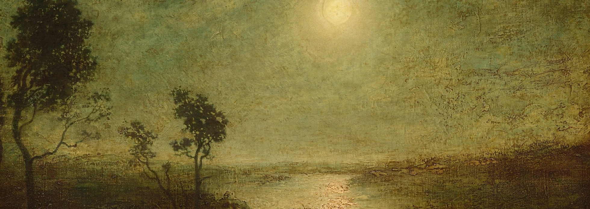 The entire middle-to-lower canvas is occupied by calm water; its mirror-like quality conveys the stillness Blakelock was famous for