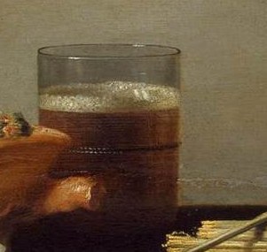 Next to it, a glass of dark beer shows popular drinks of the era.
