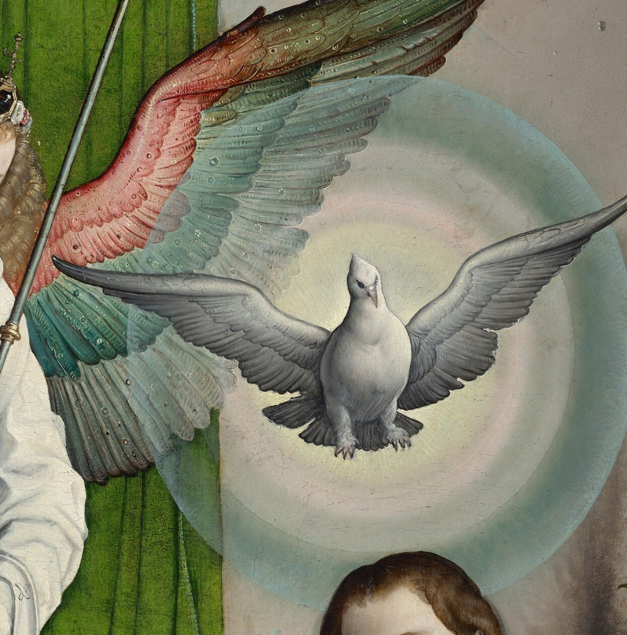 The Archangel Gabriel, with vibrant wings, brings the news.