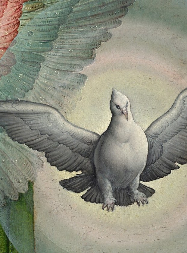 The Holy Spirit, a dove, descends upon the scene.