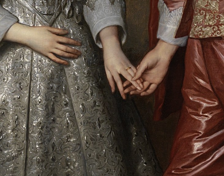 The legal and emotional crux of the painting: William's right hand holds Mary's as the Roman marriage rite; his other hand subtly directs the viewer's eye to her ring finger.