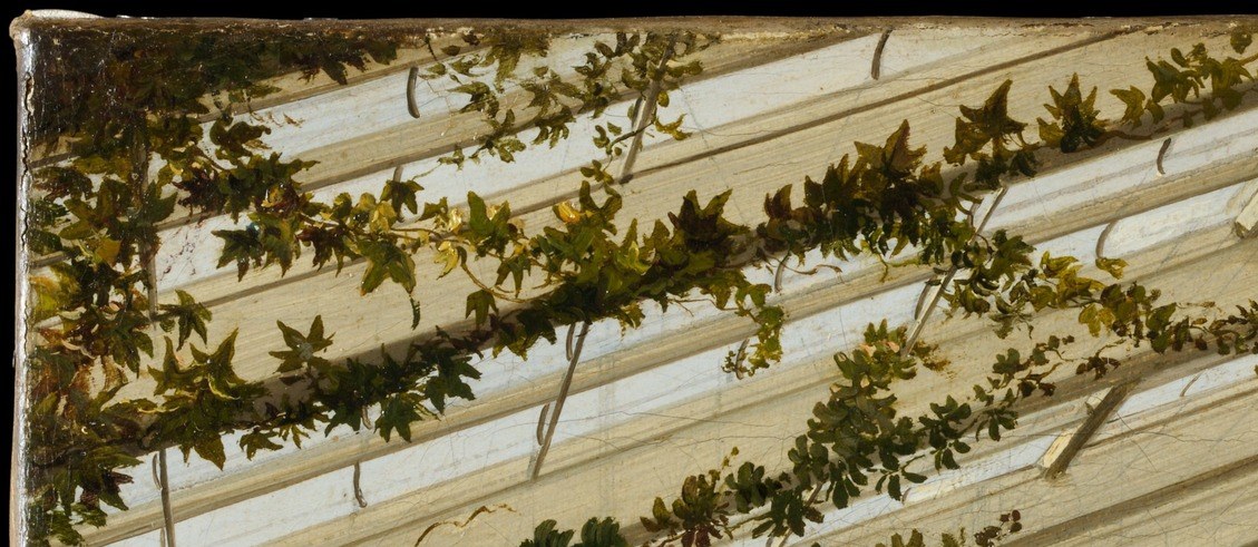 Organic growth threading through rigid geometric ironwork is the painting's most painterly passage , nature literally colonizing the architectural frame, softening what could have been a cold engineering image.