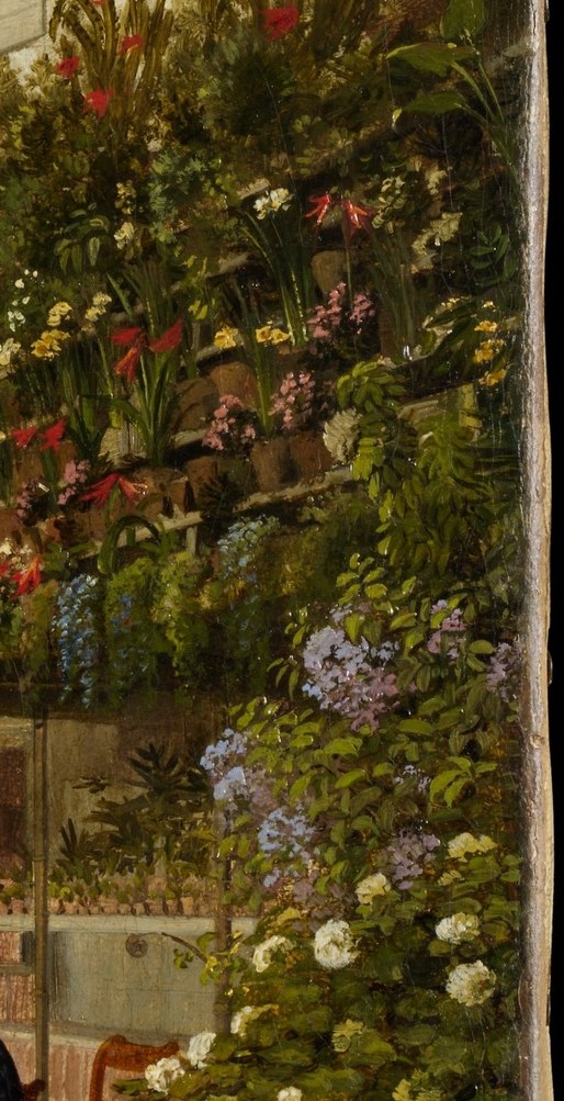 The most colorfully elaborate bloom in the painting; these are clearly cultivated hothouse flowers, not common garden shrubs , another marker of the merchant's wealth and botanical expertise.