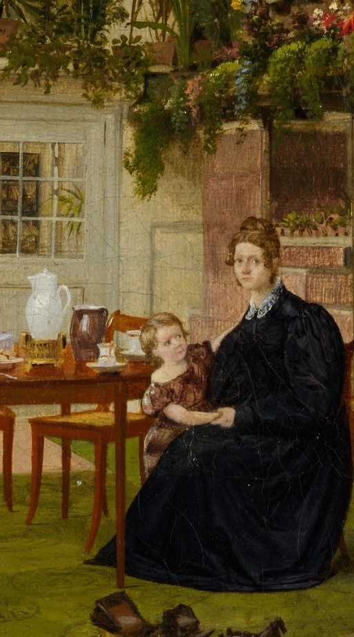 The compositional anchor of the scene; her dark dress contrasts sharply with surrounding greenery, and her composed posture communicates the Biedermeier ideal of maternal authority within domestic space.