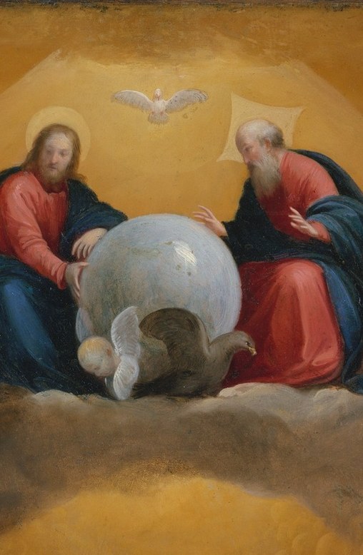 Christ sits at the center, holding the world in his hand.