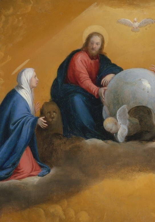 Her upward gaze and clasped gesture convey intercessory tenderness; the blue mantle is a Marian color code recognizable across centuries