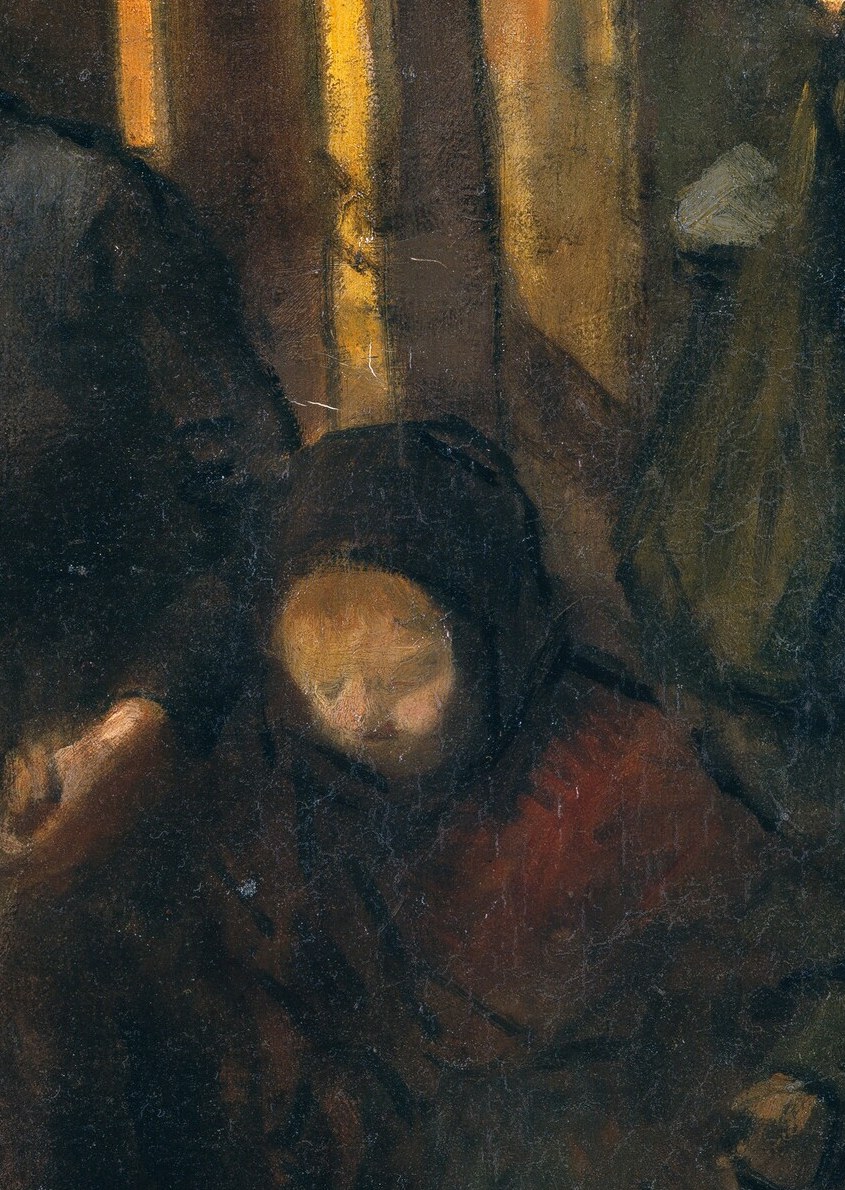 Another figure carries a child, vulnerable in the harsh city.
