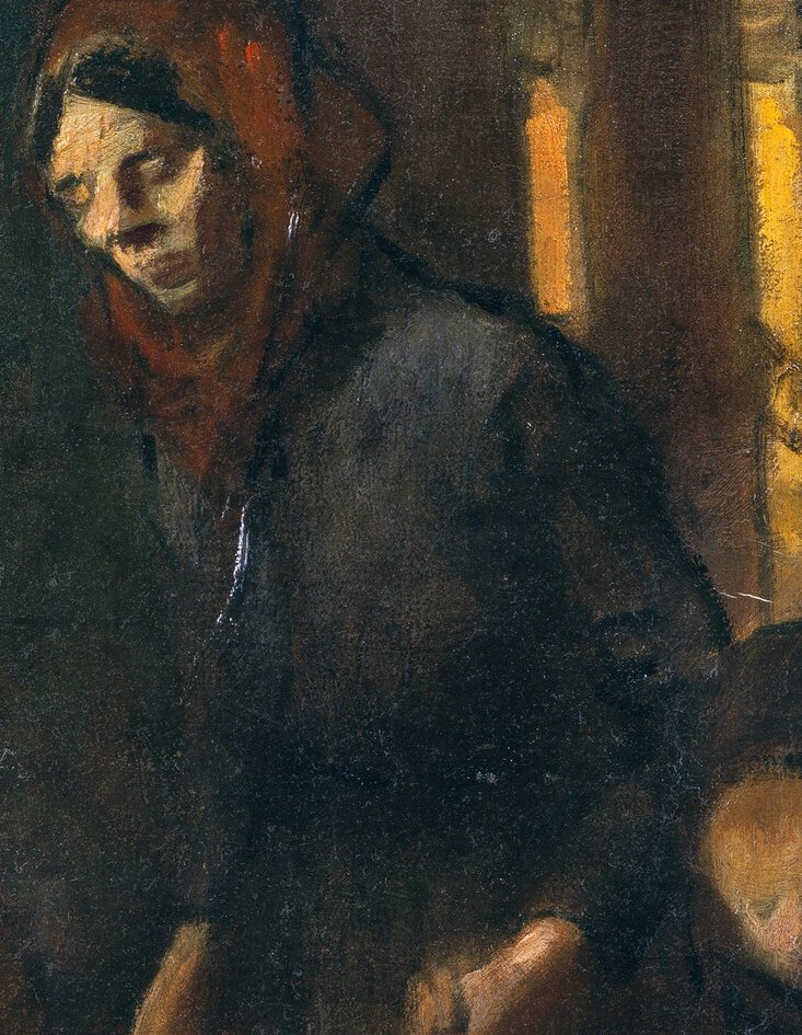 This woman, with a red scarf, looks downcast and weary.