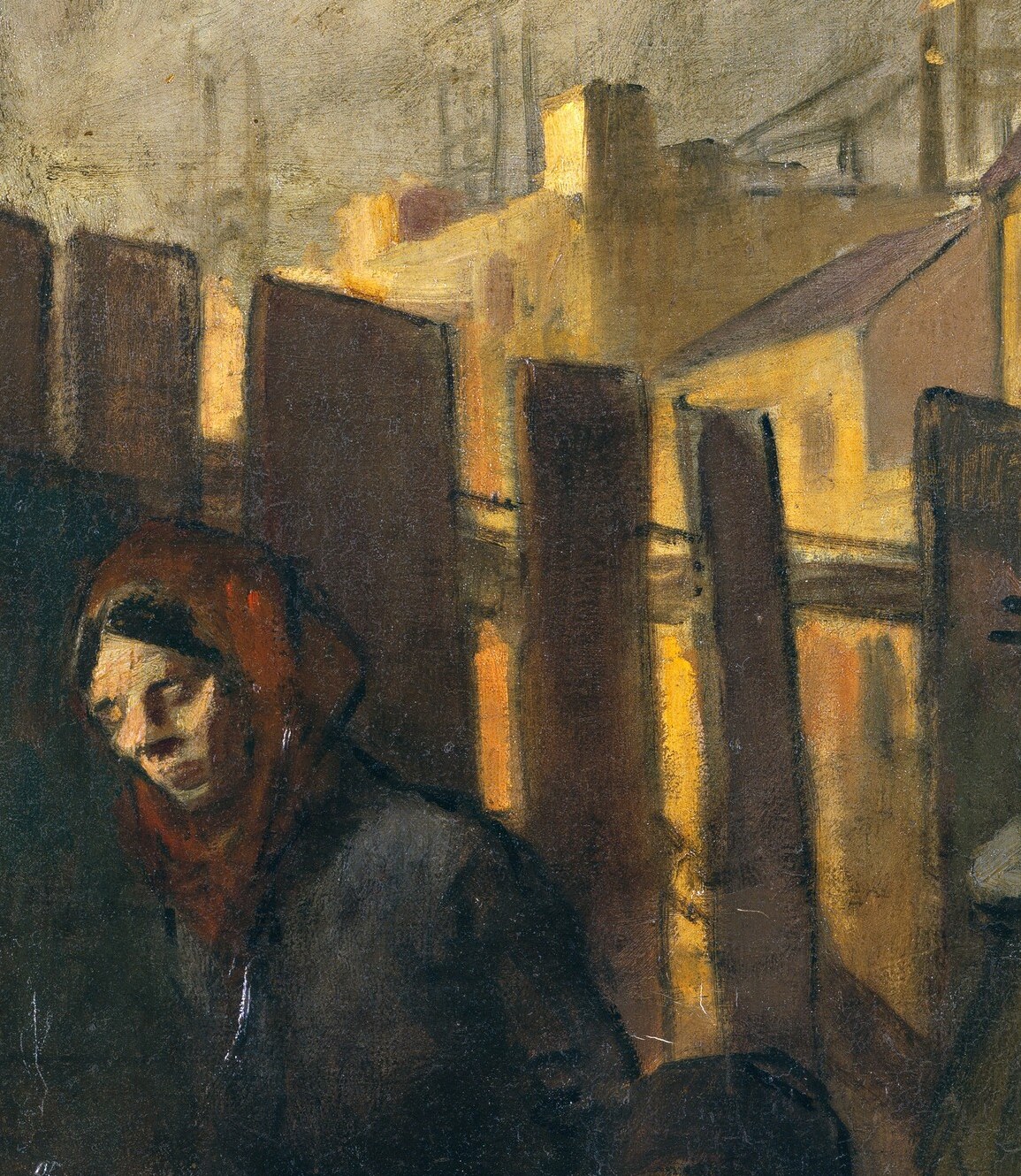The rough brushwork captures the city's grim reality.