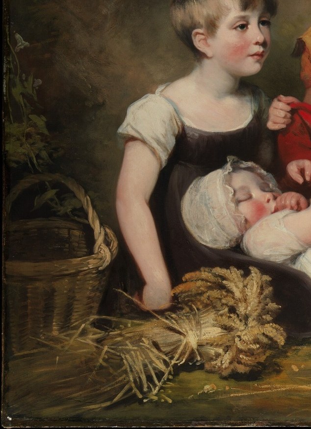 The youngest and most vulnerable figure; soft white drapery and pudgy limbs contrast with the vitality of the standing children , a temporal anchor for the sequence of ages.