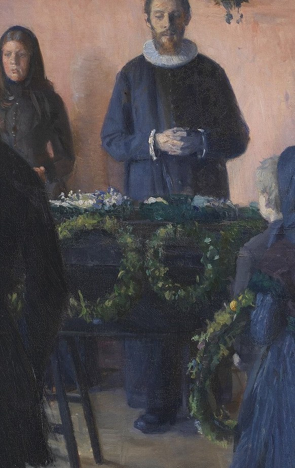 Many figures are distinct, like the priest at the coffin.