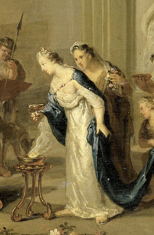 Cleophis, the Queen, offers him a golden cup of wine.