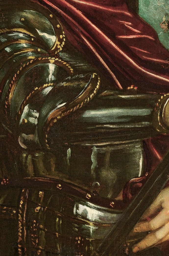 His armor gleams. This is an incredible painting of metal.