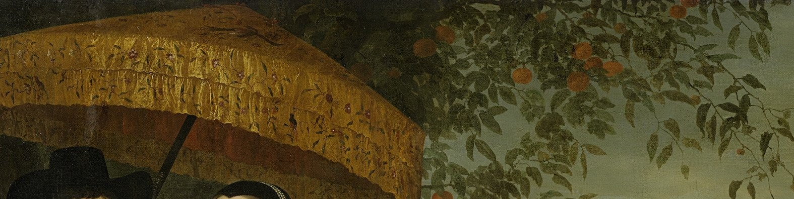 A VOC-era luxury status marker; its scale and the fact that a servant must hold it above the couple encodes colonial hierarchy in a single object , wealth displayed through another person's labor.