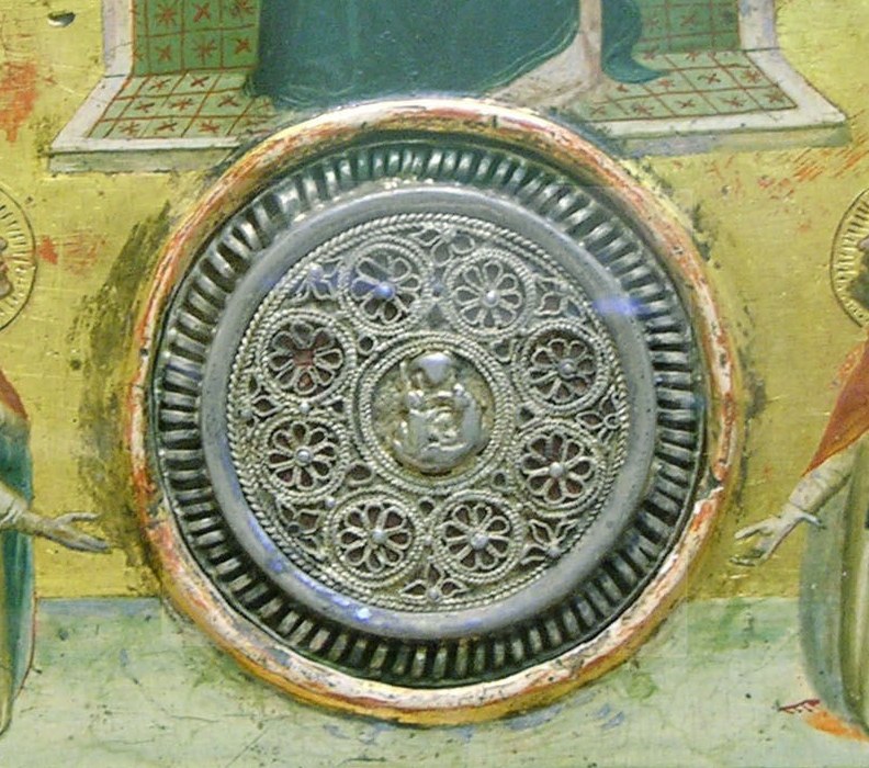 The most visually arresting single element , an elaborate polychrome geometric wheel with interlocking tracery, likely a Cosmati-style or heraldic roundel; it anchors the base of the composition and rewards close inspection for intricate patterning.