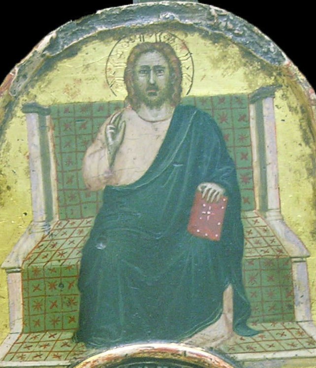 The axial focus of the entire altarpiece , Christ's frontal enthroned pose and raised blessing hand assert divine authority in classic Dugento-Trecento hieratic style.