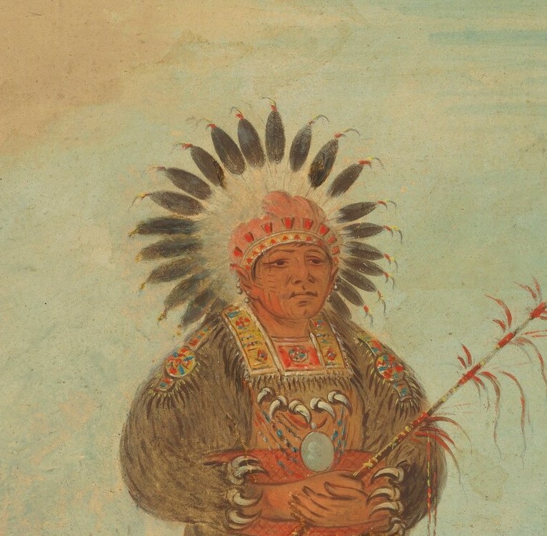 The chiefs wear elaborate feathered headdresses.