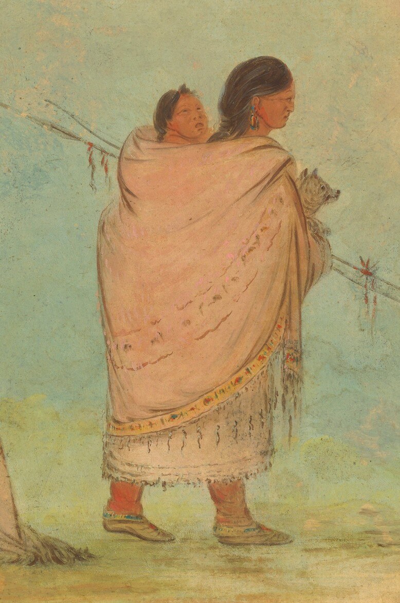 The woman carries a child, representing continuity.
