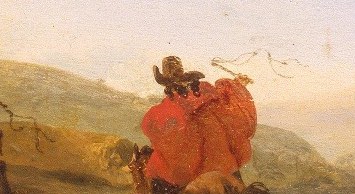 The vibrant red coat makes this figure a focal point, suggesting importance, urgency, or perhaps a messenger.