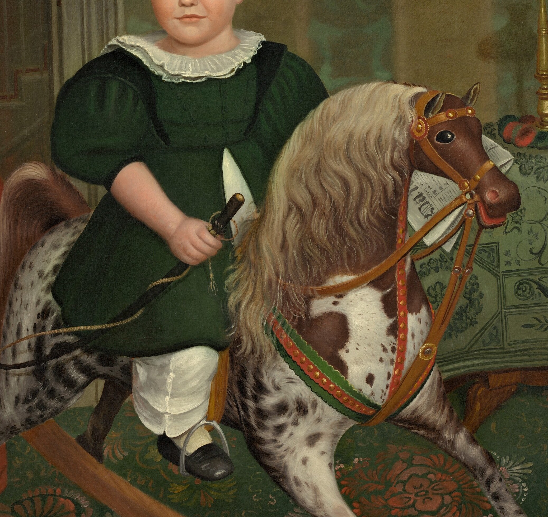 His posture and grip on the reins suggest a moment of imagined adventure, capturing the spirit of childhood play.