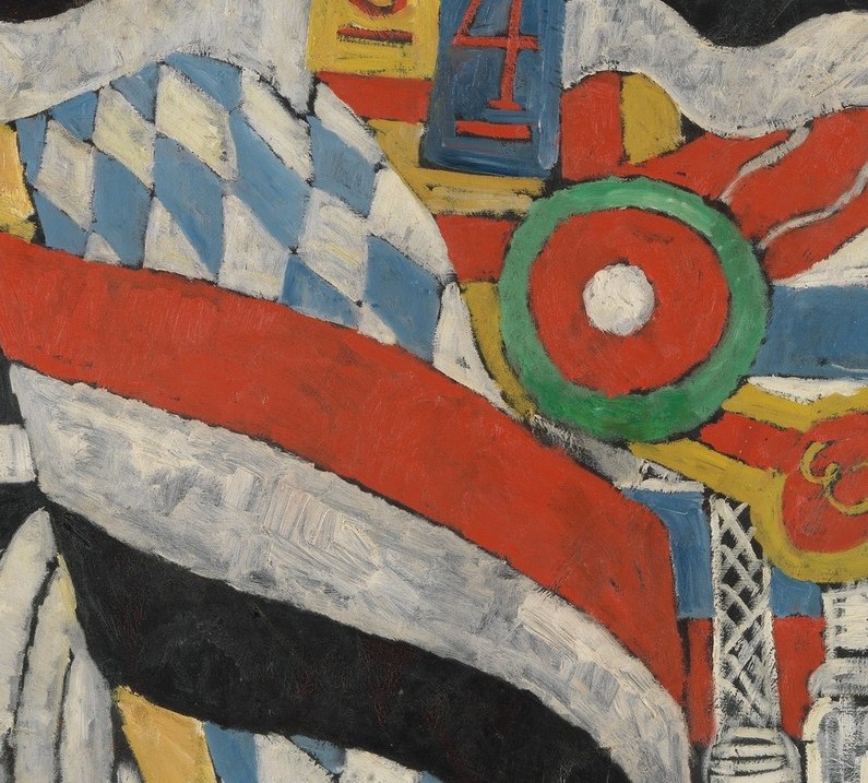 Identifies the officer's regiment or theater; the diamond pattern is instantly recognizable Bavarian heraldry, grounding abstraction in specific geography.