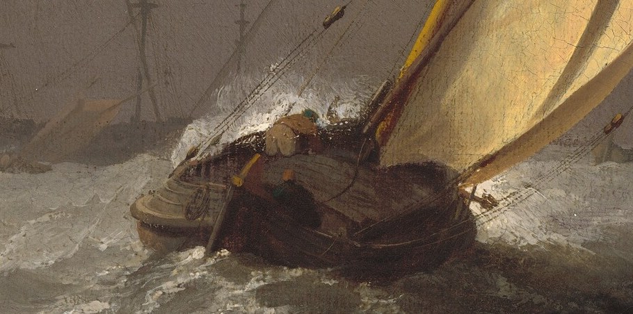Waves crash against the hull of the main ship.