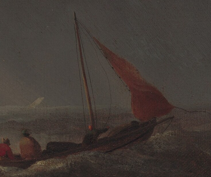 The small red-sailed boat is in extreme peril.