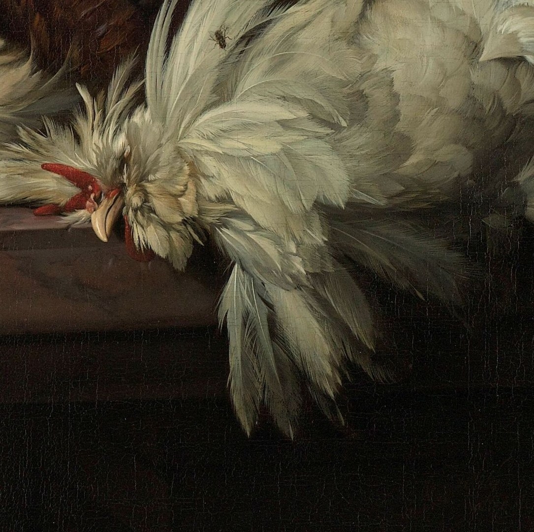 The visible blood and raw flesh emphasize the materiality and the theme of mortality, inviting a visceral reaction.