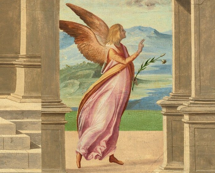 His dynamic pose and outstretched wing convey the swiftness and power of the divine message.